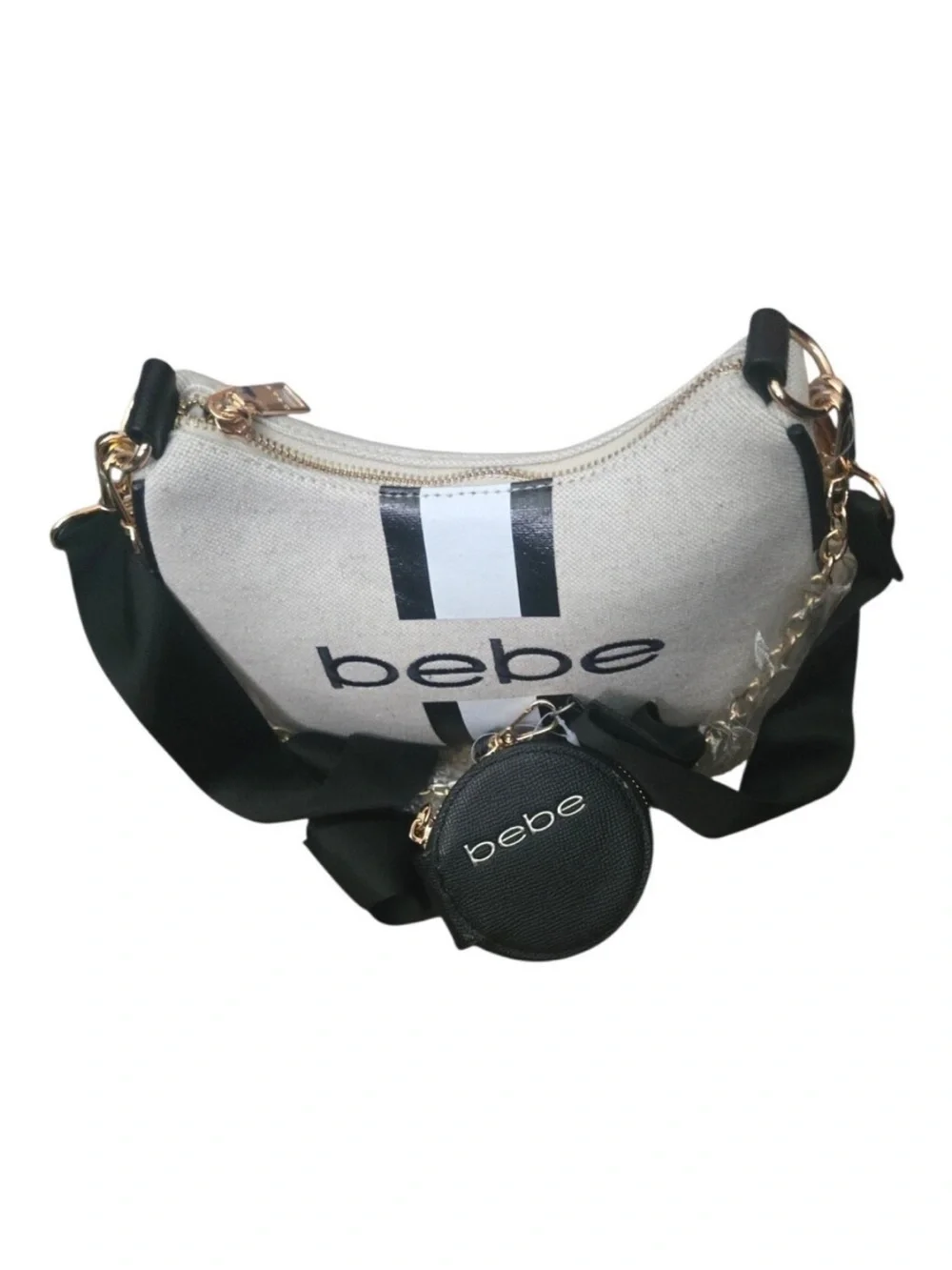 bebe Cream and Black Logo Shoulder Bag with Gold Chain and FREE COIN POUCH